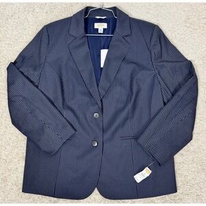 Talbots‎ Woman Navy Blue Pinstripe Wool Silk Blend Blazer Size 14 Stretch Career